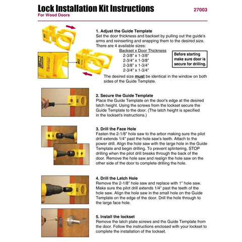 Pro Level Carbon Steel Lock Installation Kit With Adjustable Guide Template For Wood Doors installation instructions display.