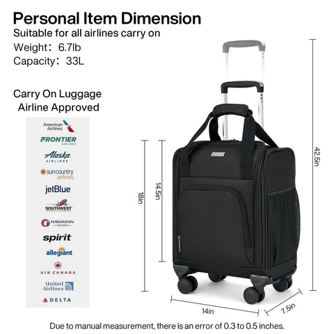 Underseat carry-on luggage 16 inch black spinner with airline dimension guide
