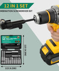 GRENPRO 19-piece flexible drill bit extension kit; front view shows yellow cordless drill and 2 right-angle attachments.