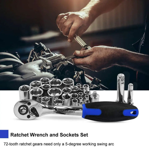 Mechanic using 259-Piece General Household Tool Kit Set With Plastic Storage Toolbox, Portable Complete Repair Tool Box For Home And Car, Durable Chrome Vanadium Hand Tools, Non-Slip Grips, Blue.
