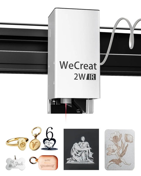 1064nm Infrared Switchable Laser Module for Vision Engraver, 2W Output, shown with engraved metal and acrylic items
