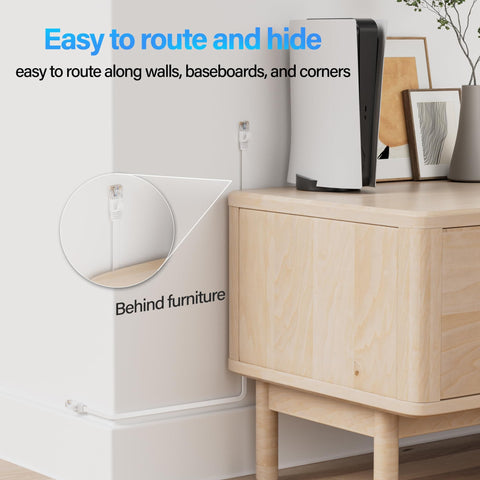 Flat Cat 6 Ethernet Cable 100 Ft UTP 10Gbps High Speed Pure Copper for reliable home and office network wiring white installed indoors