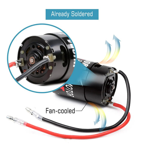 550 Brushed Waterproof 3-Slot Motor for 1/10 RC Car with 12T pinion showing fan cooling and soldered connections
