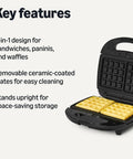Amazon Basics 3 in 1 Sandwich Maker Panini Press With Removable Ceramic Coated Plates Space Saving Design 760W Power, showing waffle plates.