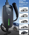 Tesla Level 2 Charger 24 Amp 240V NEMA 14-30 Plug With 25 Ft Extension Cable shown with compatible Tesla models