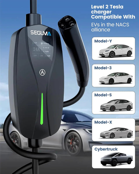 Tesla Level 2 Charger 24 Amp 240V NEMA 14-30 Plug With 25 Ft Extension Cable shown with compatible Tesla models