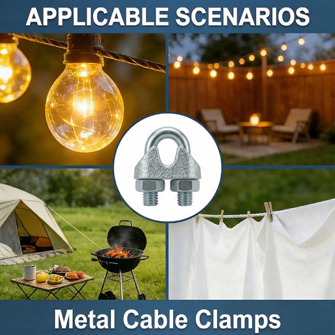 20 Pcs One Eighth Inch Wire Rope Clamp Clips with U-bolt for tent ropes, boats, clotheslines, and metal fence rigging applications.