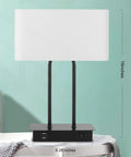 Bedside Touch Control Table Lamp With Dual USB Ports And AC Outlet, 3 Way Dimmable, white fabric shade, dimensions shown