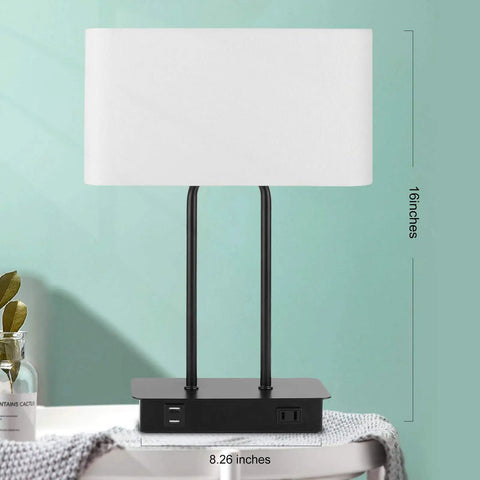 Bedside Touch Control Table Lamp With Dual USB Ports And AC Outlet, 3 Way Dimmable, white fabric shade, dimensions shown
