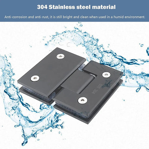 Ultra Heavy Duty Shower Glass Door Hinges Matte Black Two Way Pivot Hardware Built Different For Frameless Bathroom Doors 8 To 12 Millimeter Thick Badass Rust Proof Smooth Swivel 2 Pack close-up with water splash effect.