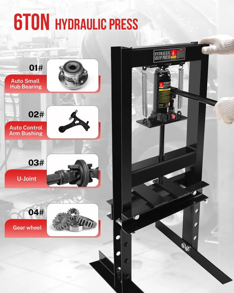 Beefy 6 Ton Hydraulic H Frame Shop Press With Adjustable Height Heavy Duty Garage Floor Tool in use with mechanical parts