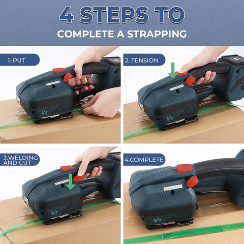 Portable Automatic Electric Strapping Machine With Lcd Screen For Hot Melting Strap Tool Ideal For Packaging Boxes And Pallets High Efficiency Handheld Baler Alternative Saves Time And Effort On The Job Site showing four steps of strapping process on a cardboard box.
