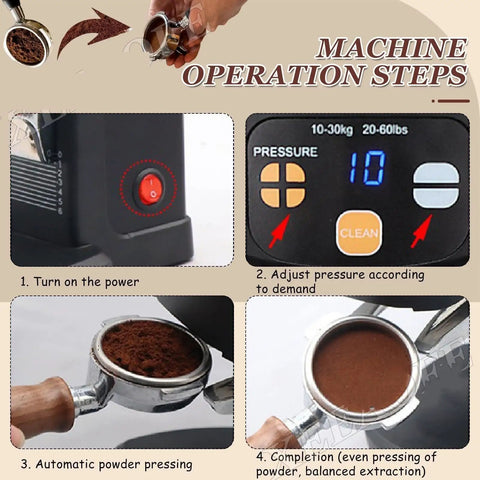WLYPE Automatic Coffee Press With Adjustable Pressure 10-30kg, Electric Espresso Tamper operation steps displayed on screen.