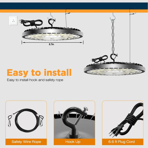 160W Four Pack UFO High Bay LED Shop Lights For Garage And Warehouse, 25000 Lumens, 6500K Daylight, IP65 Waterproof installed