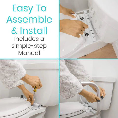 Toilet Safety Rail For Seniors And Disabled installation on toilet, showcasing easy assembly with grab bar and adjustable arms.