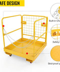 Hardcore Aerial Work Platform Forklift Safety Cage Built Like A Rock Heavy Duty Steel Basket With 1200 Lbs Capacity And No Sweat Chain Rig Engineered For Grind Ready Industrial Safety Tasks That Help You Get It Done Right On Any Jobsite showing safe design features like built-in chain door, safety lock, and skid-proof platform.