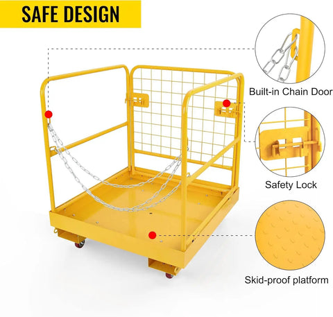Hardcore Aerial Work Platform Forklift Safety Cage Built Like A Rock Heavy Duty Steel Basket With 1200 Lbs Capacity And No Sweat Chain Rig Engineered For Grind Ready Industrial Safety Tasks That Help You Get It Done Right On Any Jobsite showing safe design features like built-in chain door, safety lock, and skid-proof platform.