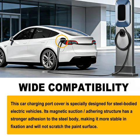 Hella Tough Universal Fit Electric Vehicle Charging Port Cover With Lock Tight Magnetic Grip protects EV charging socket from rain and snow.