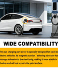 Heavy Duty Magnetic EV Charger Port Cover Universal Waterproof All Weather Snow Rain Dust Protection on a white electric vehicle.
