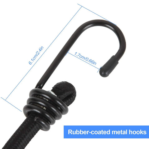 Close-up of rubber-coated hook on 20 Piece 36 Inch Bungee Cords With Hooks Adjustable Elastic Tie Downs Heavy Duty 8mm Latex Core