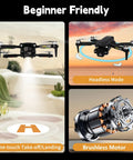 Foldable Quadcopter With LCD Screen Remote Control And Camera Brushless Motors Real Time Transmission WiFi Drone For Adults And Beginners Easy To Fly With Stable Signal Portable Aerial Camera showing one-touch take-off, headless mode, and brushless motor