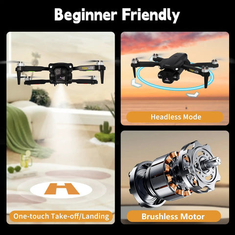 Foldable Quadcopter With LCD Screen Remote Control And Camera Brushless Motors Real Time Transmission WiFi Drone For Adults And Beginners Easy To Fly With Stable Signal Portable Aerial Camera showing one-touch take-off, headless mode, and brushless motor