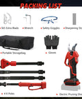 Rugged Electric Pole Pruner And Cordless Shears With Telescoping Rod Quick One Hand Action For Thick Limbs Perfect For Backyard Jobs And No Sweat Trimming packing list with tools including gloves, safety goggles, extra blade, and portable bag.