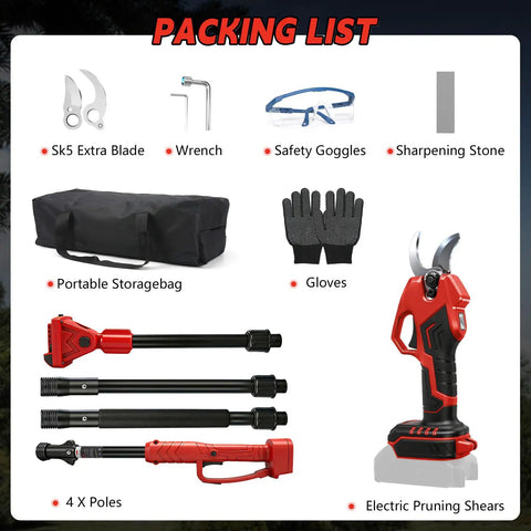 Rugged Electric Pole Pruner And Cordless Shears With Telescoping Rod Quick One Hand Action For Thick Limbs Perfect For Backyard Jobs And No Sweat Trimming packing list with tools including gloves, safety goggles, extra blade, and portable bag.