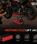Beefy 1100 Lbs Motorcycle Scissor Lift Jack With Height Adjustable Range Rubber Top Surface And Safety Pin Foldable Center Stand Red