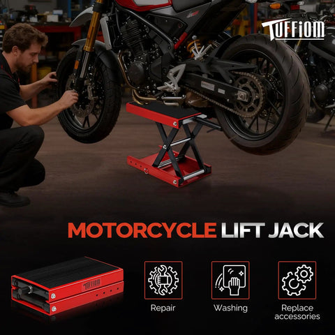 Beefy 1100 Lbs Motorcycle Scissor Lift Jack With Height Adjustable Range Rubber Top Surface And Safety Pin Foldable Center Stand Red