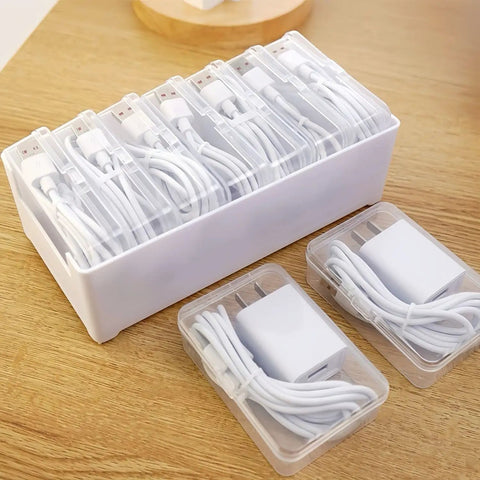 Ultimate Cable Organization Kit with 7 clear mini cases and USB wires on a wooden surface