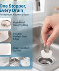 Person using White Round Bathtub Drain Stopper Silicone Stainless Steel Seal with rust-proof hanging ring in sink.