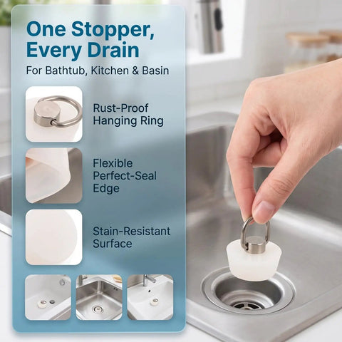 Hand inserting a White Round Drain Stopper for Bathtubs and Kitchen Sinks into a stainless steel sink with rust-proof ring.