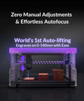 WECREAT Vision Pro 45W laser engraver and cutter in clear enclosure with purple lighting and rotary attachment
