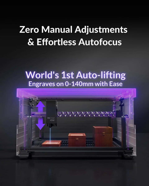 WECREAT Vision Pro 45W laser engraver and cutter in clear enclosure with purple lighting and rotary attachment