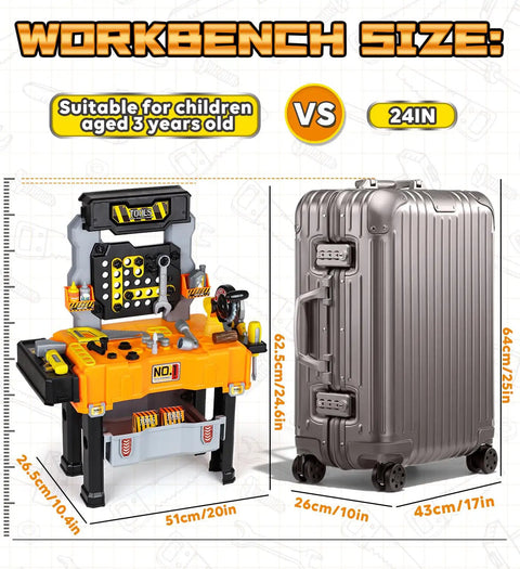 Kids Tool Bench With Electric Drill And Construction Vehicles 2 In 1 Workbench And Toolbox For Ages 3 To 5 STEM Learning Toys next to 24in suitcase