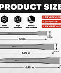 Heavy Duty Cold Chisel Set Three Piece 3/8 1/2 5/8 Inch For Carpentry, Metalworking, Woodworking, And Masonry Work Built For Tough Jobs Chrome Vanadium Steel 54 58 HRC Hardness For Long Lasting Performance, showing product sizes and dimensions.