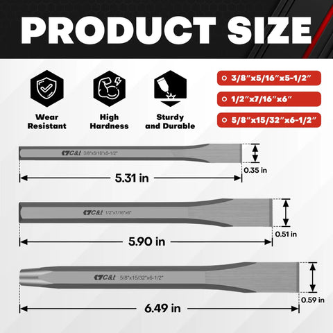 Heavy Duty Cold Chisel Set Three Piece 3/8 1/2 5/8 Inch For Carpentry, Metalworking, Woodworking, And Masonry Work Built For Tough Jobs Chrome Vanadium Steel 54 58 HRC Hardness For Long Lasting Performance, showing product sizes and dimensions.