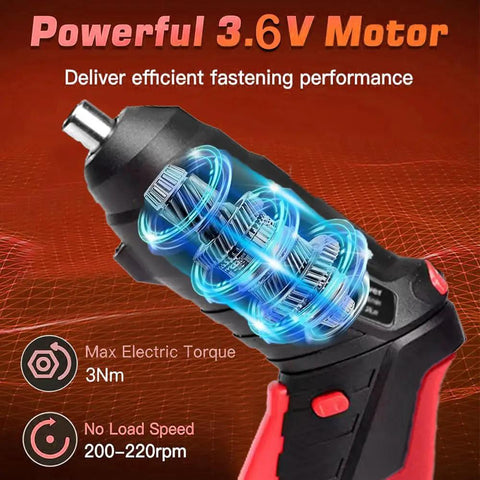 Cordless Power Screwdriver with 3.6V 1500mAh battery and transparent view of motor on a red background
