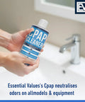 Odorless CPAP Cleaner Pre-Wash 16 Fl Oz Dye-Free Safe All-In-One Formula For All CPAP Gear Including Masks Hoses Tubes And Reservoirs Keeps Your Machine Fresh Smell-Free And Performance Ready. bottle in hand above bathroom sink