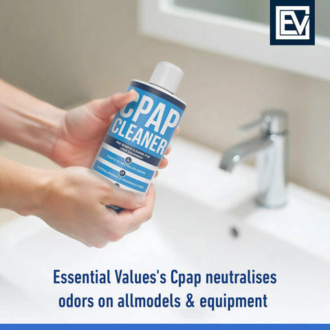 Odorless CPAP Cleaner Pre-Wash 16 Fl Oz Dye-Free Safe All-In-One Formula For All CPAP Gear Including Masks Hoses Tubes And Reservoirs Keeps Your Machine Fresh Smell-Free And Performance Ready. bottle in hand above bathroom sink
