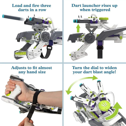 Ultra Bionic Blaster Stem Kit Build A Dope Wearable Air Powered Glove Blaster Learn Pneumatic Systems And The Physics Of Air No Motors Needed Adjustable Fit For All Hands Includes Six Foam Darts Challenging Mechanical Build, wrist fit and dart launch views