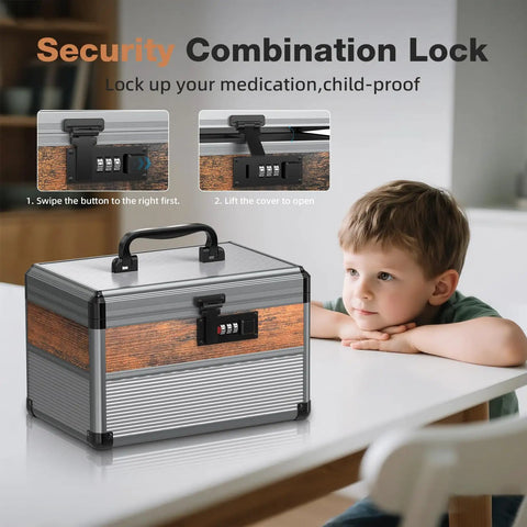 Durable Aluminum Alloy Security Lock Box With 3 Digit Code Lock and child sitting on table, 10 inch black dorm trunk