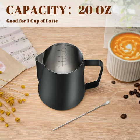 20Oz Stainless Steel Milk Frothing Pitcher With Clear Measurement Scale For Cappuccino And Latte Art next to latte art pen