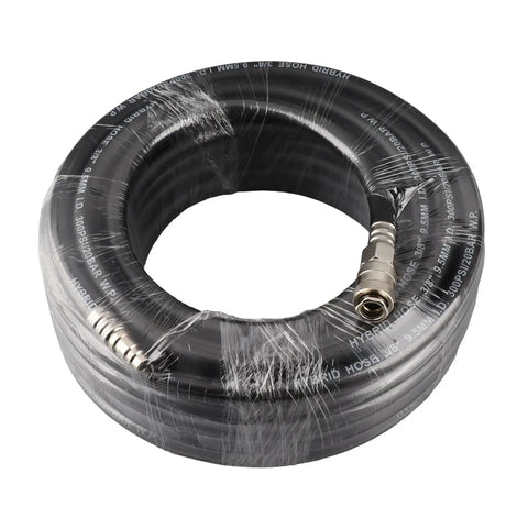 Heavy Duty Flexible Rubber Pneumatic Air Hose Kit 15 Meter Length 900 PSI Burst 5 Piece Compressor Accessory Set With Arrow Storage Case Fittings For Air Compressor Use On Projects Inside Garage Or Shop Top Tier Solid Gear Built To Last Forever coiled black hose with metal fitting
