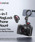Aluminum Magnetic Phone Tripod Mount MA56 With 1/4 Inch Screw And Arca Base attached to camera, shown with smartphone.