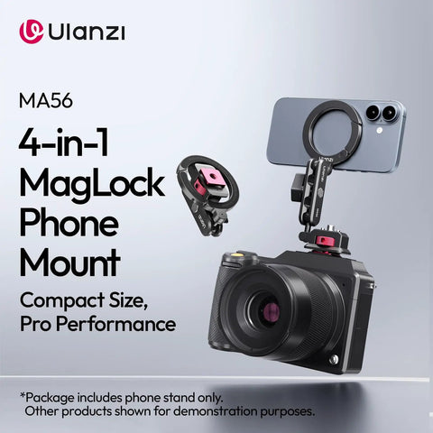 Aluminum Magnetic Phone Tripod Mount MA56 With 1/4 Inch Screw And Arca Base attached to camera, shown with smartphone.