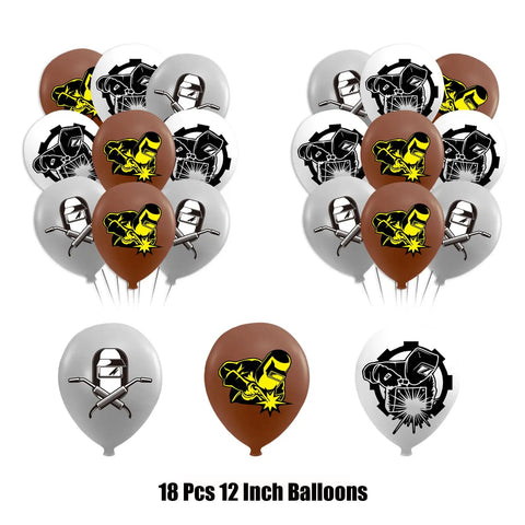 Welding Theme Birthday Party Decor Kit With Happy Birthday Banner Cake Topper Cupcake Toppers Balloons And Ribbon For Electric Welder Celebration Complete Set Includes Banner Cake Topper Cupcake Toppers Balloons And Ribbon For Lit Welding Party Vibe with 18 brown and silver 12-inch balloons featuring welding designs
