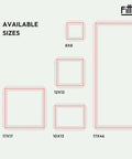 Sizes of Fittes frames, including 8x8, 10x13, 12x12, 17x17, and 17x46, displayed on a light background.