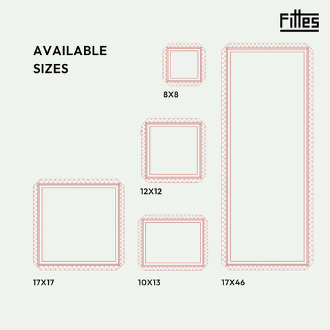 Sizes of Fittes frames, including 8x8, 10x13, 12x12, 17x17, and 17x46, displayed on a light background.